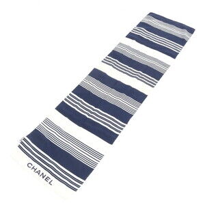 Chanel Silk Striped Border Scarf/Muffler, Navy, Large Size, Women's Stole